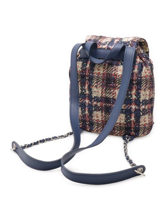 Chanel Tweed Print Chain Shoulder Rucksack Sac Backpack Nylon Blue main image 8